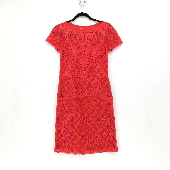 Sue Wong Women 0 Dress Red Embroidered Lace Cocktail Evening Short Sleeve - Picture 2 of 6